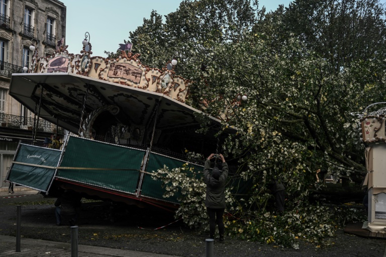 Un manège écrasé par un arbre lors du pasae de la tempête Domingo à Rochefort, en Charente-Maritime, le 5 novembre 2023