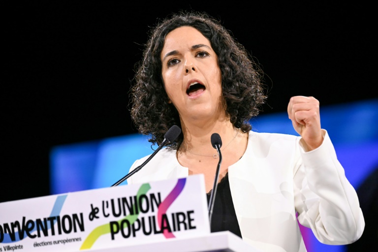 Manon Aubry, tête de liste La France Insoumise (LFI), lors du lancement de la campagne pour les européennes, le 16 mars 2024 à Villepinte, près de Paris