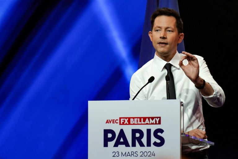 François-Xavier Bellamy, tête de listes Les Républicains aux européennes, lors du lancement de la campagne, le 23 mars 2024 à Aubervilliers, près de Paris