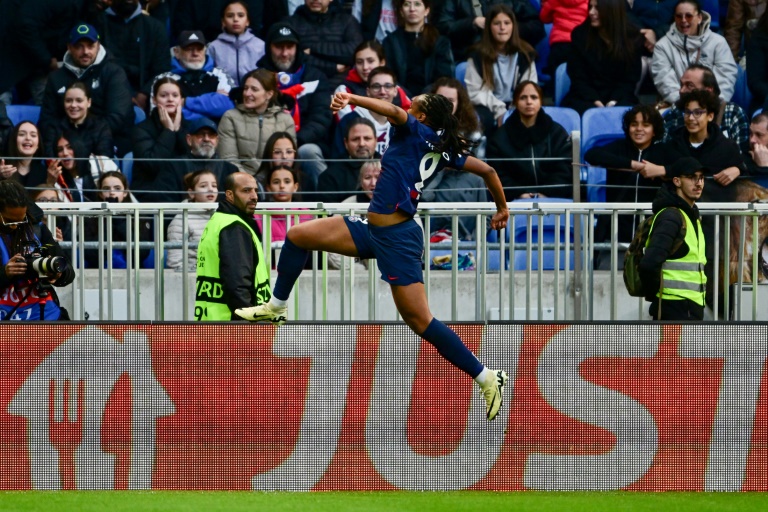L'attaquante du PSG Marie-Antoinette Katoto lors de la demi-finale aller de Ligue des champions contre Lyon, le 20 avril 2024 au Groupama Stadium