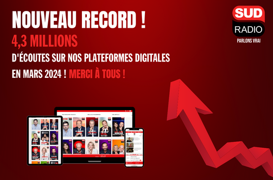 Record d'audience digitale en mars pour Sud Radio en France avec plus de 4,3 millions d'écoutes uniquement sur nos environnements digitaux comme l'appli Sud radio, sudradio.fr, les tablettes et les enceintes connectées !