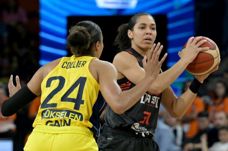 Janelle Salaün balle en main lors de la défaite de Villeneuve d'Ascq en finale de l'Euroligue de basket face au club turc de Fenerbahçe le 14 avril 2024 à Mersin