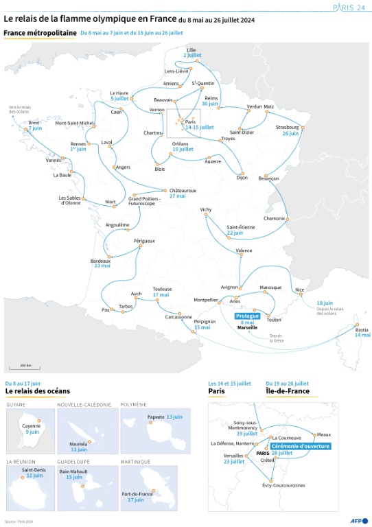 Carte retraçant l'itinéraire du relais de la flamme olympique, du 8 mai au 26 juillet 2024