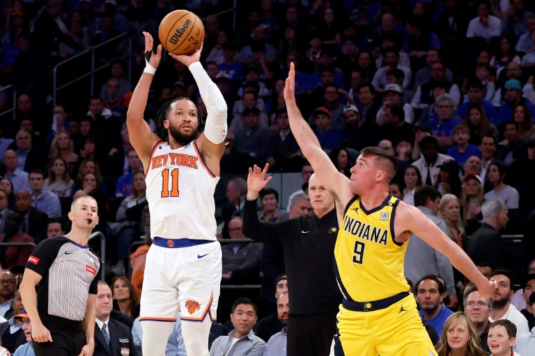 Jalen Brunson au shoot lors du premier match de la série de playoffs entre ses Knicks et les Pacers, le 6 mai 2024 à New York.