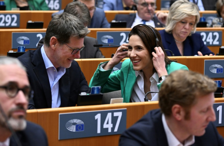 L'eurodéputé Pascal Canfin et Valérie Hayer au Parlement européen à Bruxelles, le 10 avril 2024