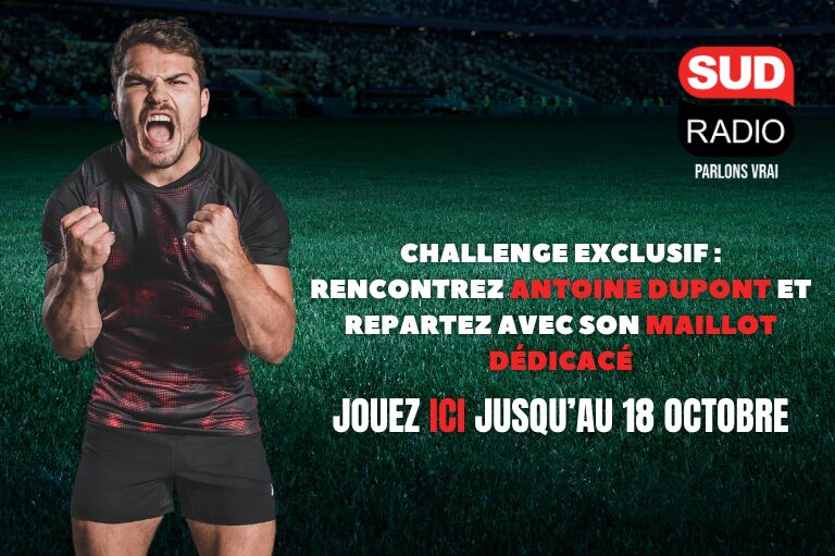 Pour participer au tirage au sort le 18 octobre en direct, répondez à ces questions en entrant le mot de passe du jour. Gagnez un moment inoubliable avec Antoine Dupont et repartez avec son maillot dédicacé, uniquement sur Sud Radio, LA Radio du Rugby !