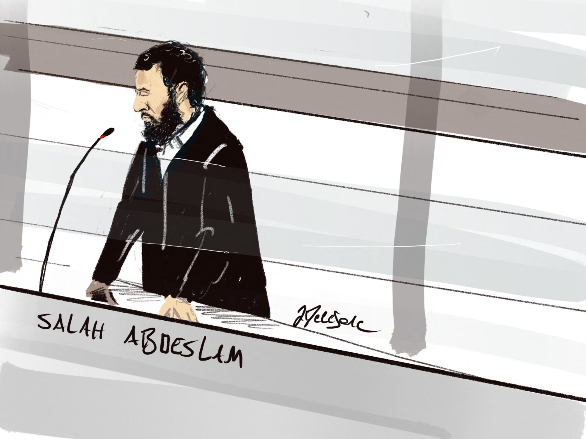 Au procès de Salah Abdeslam, un croquis d'audience du principal accusé