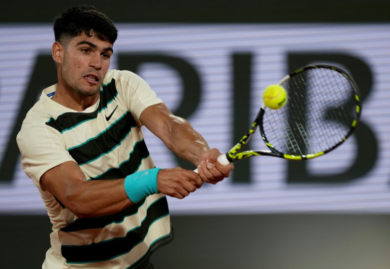L'Espagnol Carlos Alcaraz pendant son match contre le joueur de Bosnie-Herzégovine Damir Dzumhur vendredi à Roland-Garros.