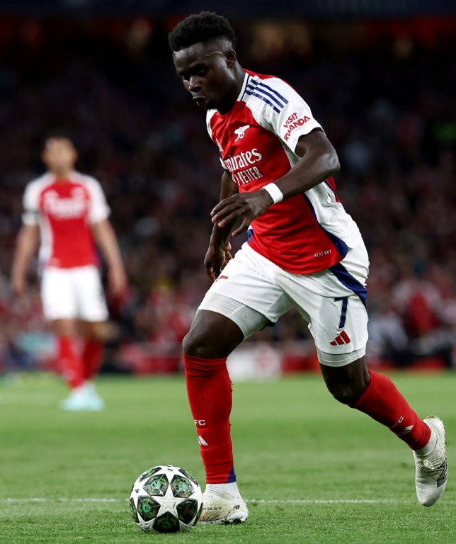 L'ailier anglais d'Arsenal Bukayo Saka lors de la demi-finale aller de la Ligue des champions contre le Paris SG le 29 avril 2025 à Londres