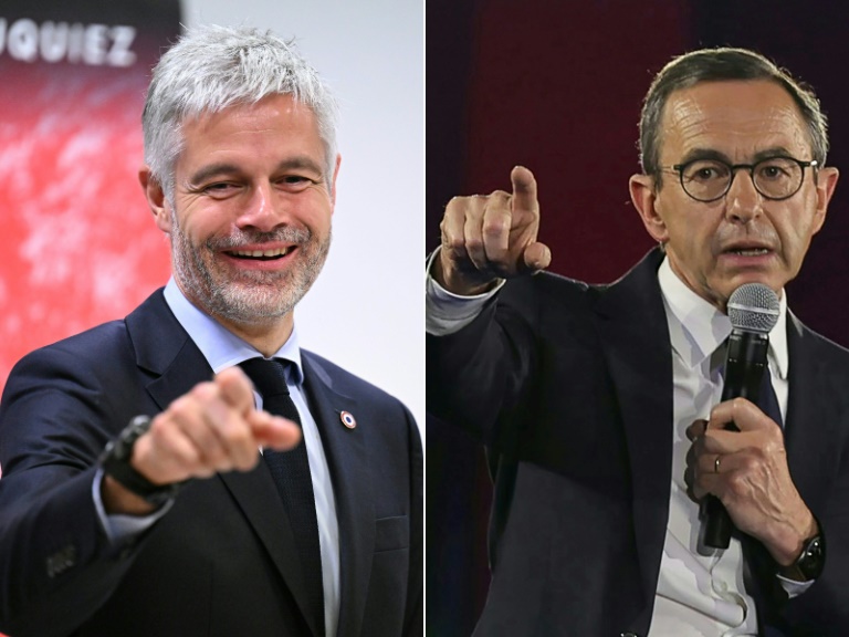 (COMBO) Cette combinaison de photos montre les deux candidats à la présidence du parti Les Républicains: Laurent Wauquiez (G), ici le 18 avril 2025 à Biarritz, et Bruno Retailleau (D) le 11 mai 2025 à Boulogne-Billancourt