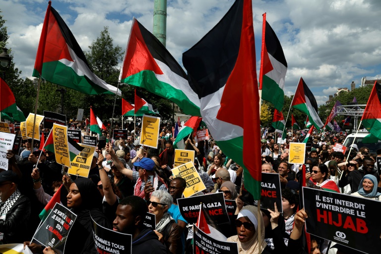 Des drapeaux palestiniens lors d'une manifestation contre l'islamophobie, le 11 mai 2025 à Paris
