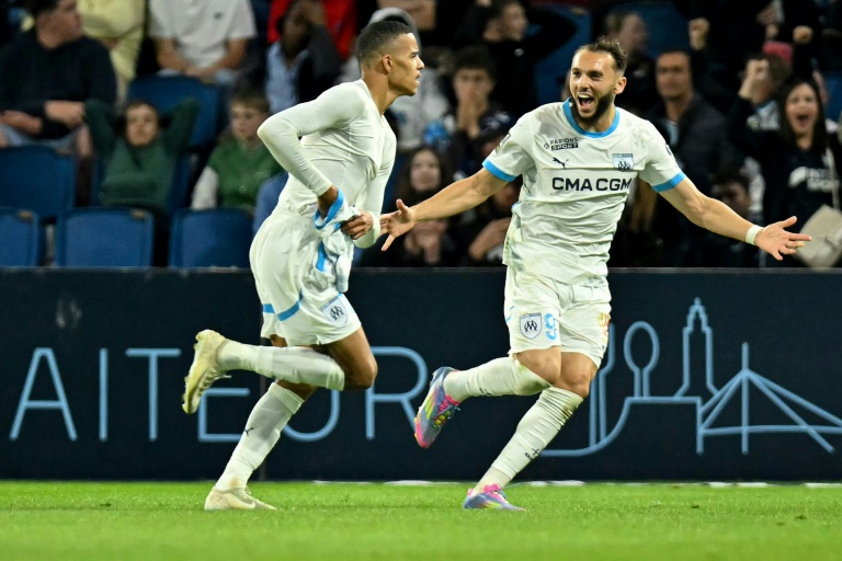 Amine Gouiri célèbre son but contre le Havre samedi lors de la 33e journée de Ligue 1.