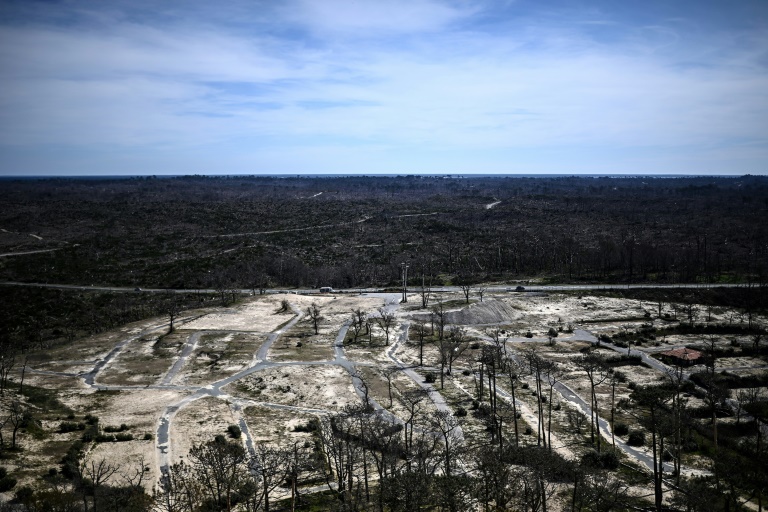 Un camping abandonné, détruit par les incendies de forêt de l'été 2022, à l'arrière de la dune du Pilat, le 19 mars 2025 à La Teste-de-Buch, en Gironde
