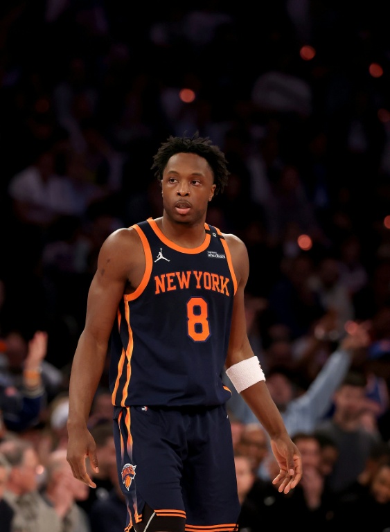 OG Anunoby, l'ailier des Knicks de New York, contre les Celtics de Boston lors du quatrième match du deuxième tour des séries éliminatoires de la Conférence Est, au Madison Square Garden, le 12 mai 2025