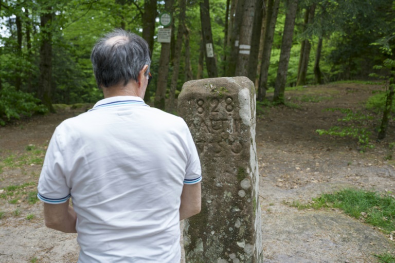 Un passant devant la pierre de Saint-Martin, à côté du lieu où a été retrouvée la Chouette d'or, à Dabo, en Moselle, le 3 mai 2025