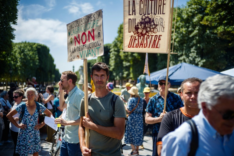 Paysans, politiques, scientifiques, citoyens, apiculteurs... rassemblés devant le Sénat à Paris en opposition à la loi Duplomb, le 30 juin 2025