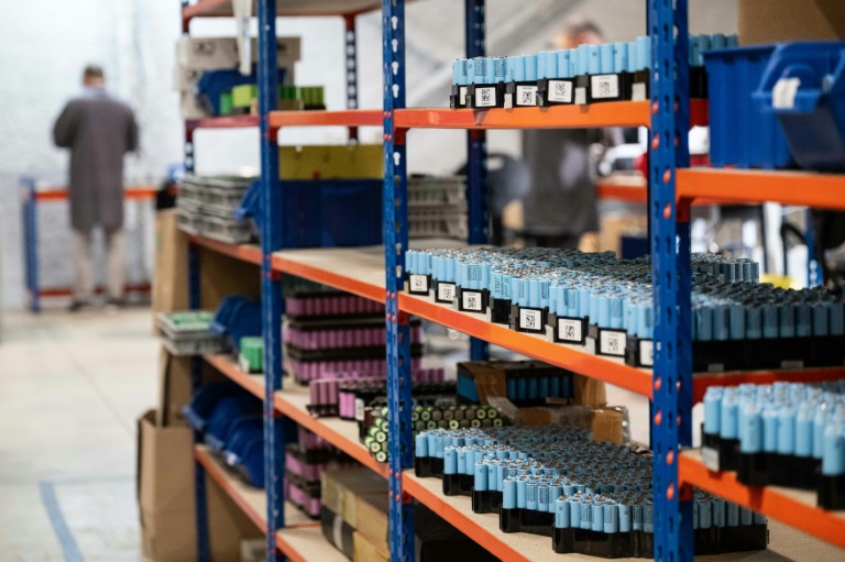 Des cellules de batterie de seconde vie à l'usine VoltR, à Verrières-en-Anjou, le 10 juin 2025 en Maine-et-Loire