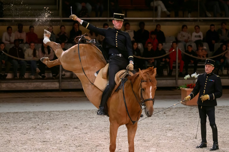 Des écuyers du Cadre Noir de Saumur lors d'un spectacle matinal, le 5 juin 2025 dans le Maine-et-Loire