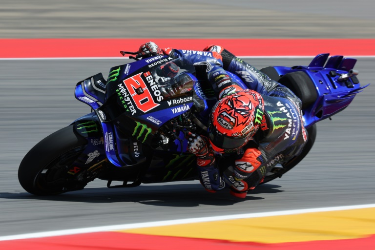 Le pilote français Fabio Quartararo (Yamaha) lors de la première séance d'essais du Grand Prix MotoGP d'Aragon sur le circuit de Motorland à Alcaniz (Espagne) le 6 juin 2025.