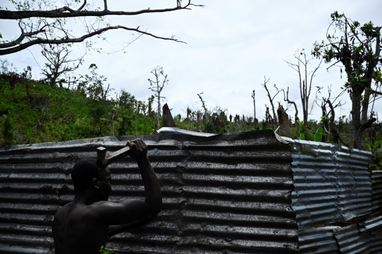 Un homme reconstruit un étable à vaches détruit par le cyclone Chido, le 4 janvier 2025 à Bandraboua, à Mayotte