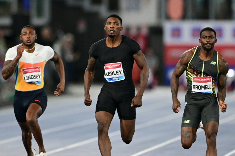 Les Américains Courtney Lindsey, Fred Kerley et Trayvon Bromell lors du 100 m du meeting de Rome, comptant pour la Ligue de diamant, le 6 juin 2025