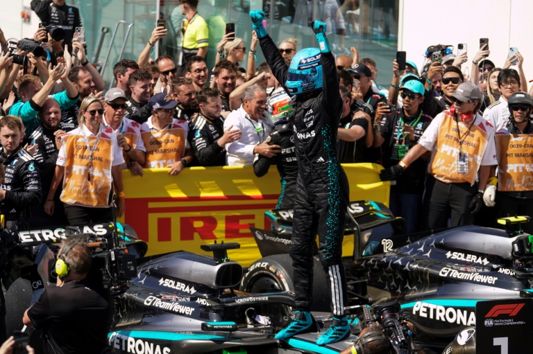 George Russell après sa victoire au GP du Canada à Montréal le 15 juin 2025