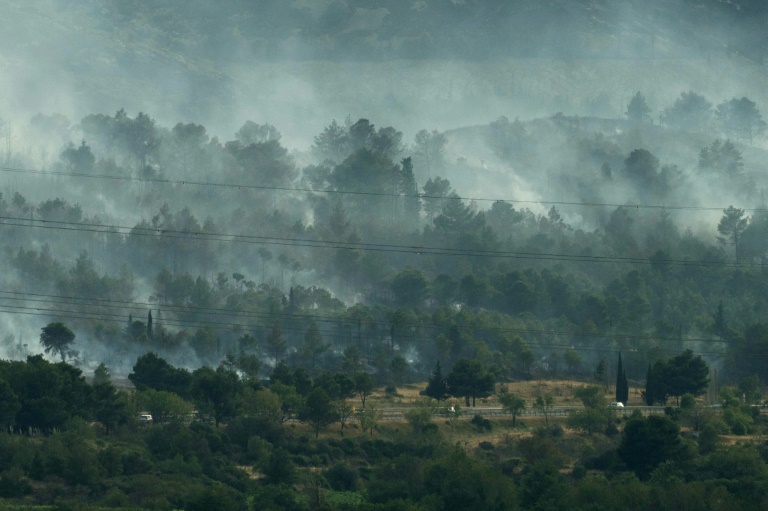 Une épaisse fumée s'élève à proximité de l'autoroute A6 lors d'un incendie de forêt près de Moux, dans le sud-ouest de la France, le 5 juillet 2025