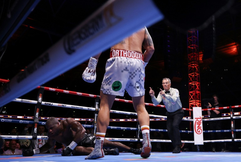 Le Britannique Daniel Dubois au sol lors de son combat contre l'Ukrainien Oleksandr Usykà Londres le 19 juillet 2025