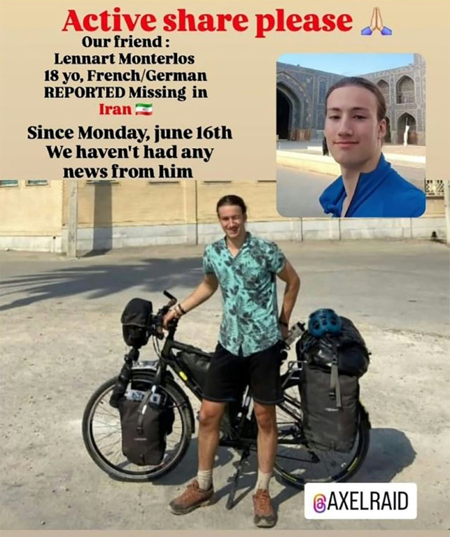 Image tirée d'un post du 24 juin 2025, obtenue sur Instagram, du jeune Franco-Allemand Lennart Monterlos, porté disparu depuis le 16 juin 2025, alors qu'il voyageait à vélo en Iran, sur une photo prise dans un lieu inconnu