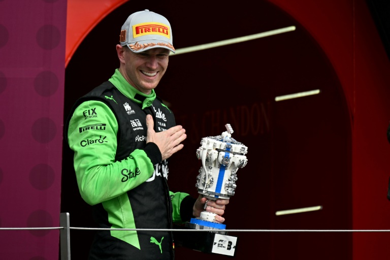 Le pilote de l'écurie Sauber Nico Hulkenberg décroche son premier podium en F1, le 6 juillet 2025 à Silverstone