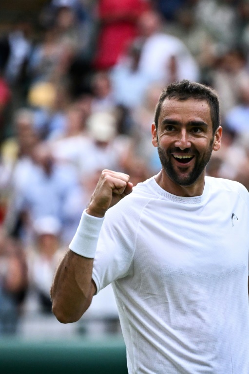 Le Croate Marin Cilic, finaliste 2017, vainqueur au deuxième tour de Wimbledon du Britannique Jack Draper, N.4 mondial, le 3 juillet 2025 à Londres