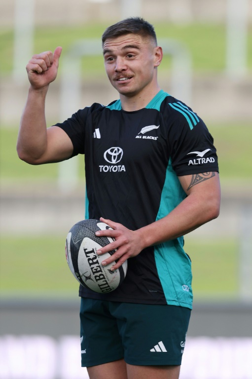 Le demi de mêlée des All Blacks Cortez Ratima lors d'un entraînement avant le troisième test-match contre la France, le 18 juillet 2025 à Hamilton