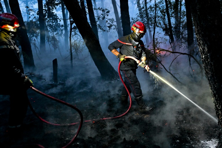 Des pompiers luttent contre un incendie dans la forêt de Brocéliande, le 17 juillet 2025 à Tréhorenteuc, dans le Morbihan