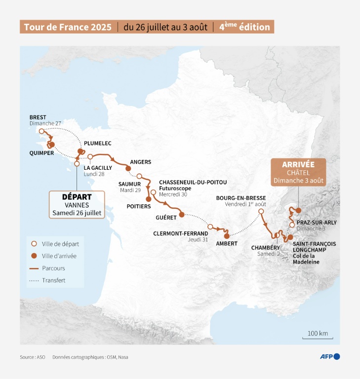 Carte du parcours de la 4e édition du Tour de France féminin, du 26 juillet au 3 août 2025