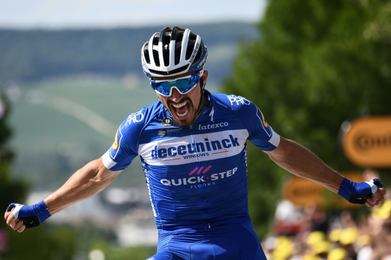 Julian Alaphilippe lors de sa victoire d'étape sur le Tour de France à Epernay, le 8 juillet 2019