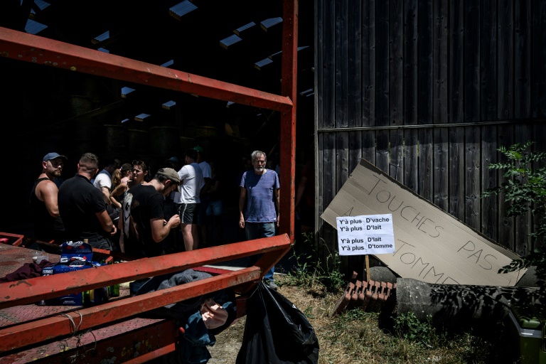 Eleveurs et voisins réunis dans une exploitation pour empêcher l'euthanasie par les services vétérinaires d'un cheptel de bovins après un cas de dermatose nodulaire, le 11 juillet 2025 à Entrelacs, en Savoie