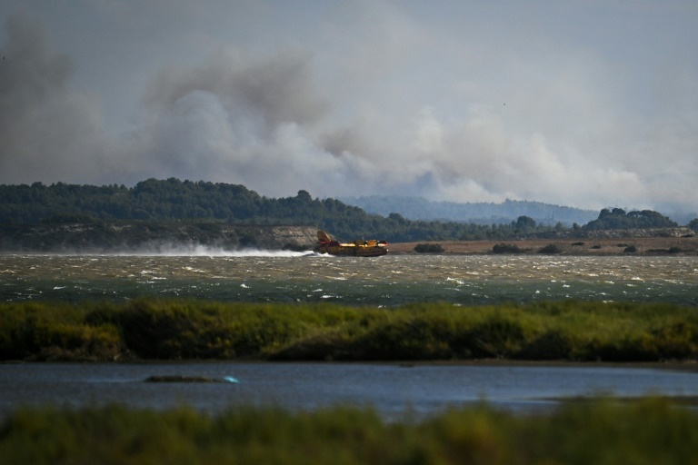 Un canadair remplit son réservoir d'eau dans l'étang de Bages, près de Sigean, dans l'Aude, le 26 juillet 2025