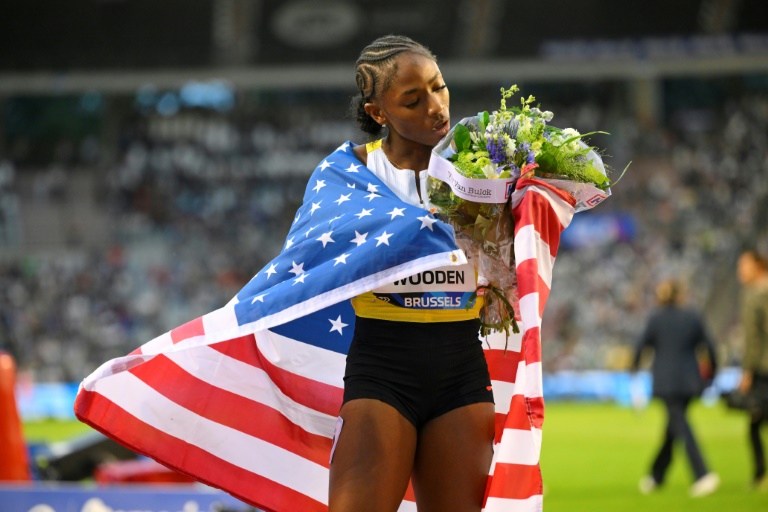 La sprinteuse américaine Melissa Jefferson-Wooden après sa victoire dans le 100 m de la Ligue de diamant, à Bruxelles, le 22 août 2025