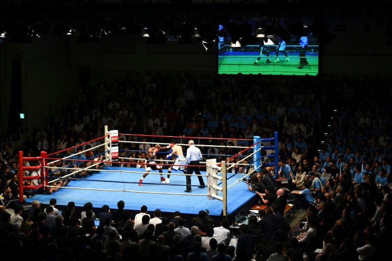 Le Sud-africain Moruti Mthalane (à gauche) et le Japonais Masayuki Kuroda sur le ring du Korakuen Hall de Tokyo le 13 mai 2019
