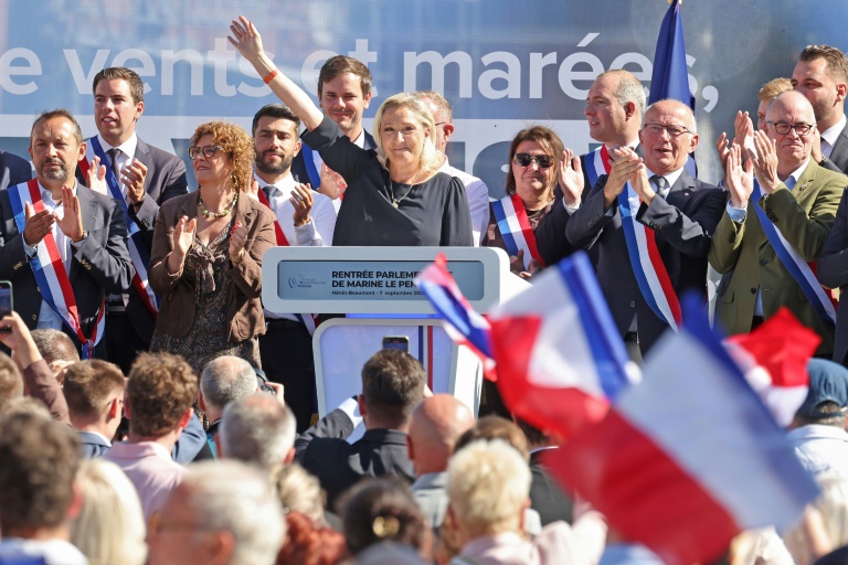 La cheffe de file du Rassemblement national Marine Le Pen lors de la traditionnelle rentrée politique du parti, à Hénin-Beaumont, le 7 septembre 2025 dans le Pas-de-Calais