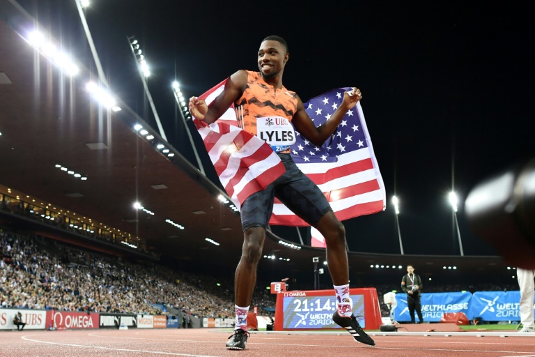 Noah Lyles danse après avoir gagné le 200 mètres du meeting de Zurich, le 30 août 2018