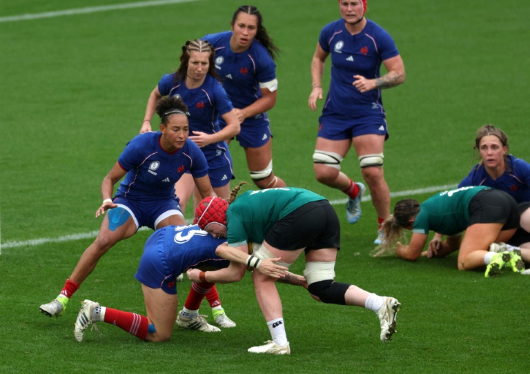Les Françaises ont longtemps souffert avant de renverser le match face à l'Irlande, au Sandy Park d'Exeter (Angleterre), en quart de finale de la Coupe du monde de rugby, le 14 szeptembre 2025