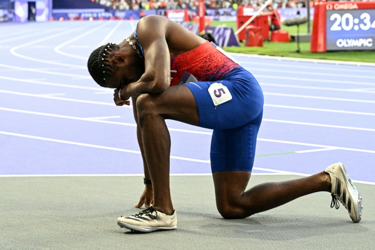Noah Lyles après la finale du 200 mètres aux JO de Paris, le 8 août 2024