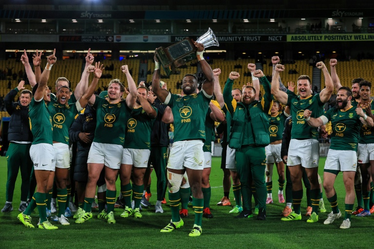 L'équipe d'Afrique du Sud après 
sa victoire en Rugby Championship contre les All Blacks, à Wellington en Nouvelle-Zélande, le 13 septembre 2025.