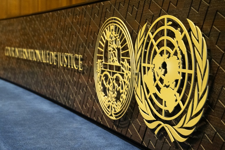 Le logo de la Cour internationale de justice (CIJ) lors d'une audience à La Haye, le 17 mai 2024