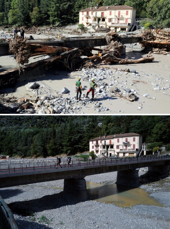 Combinaison d'images créée le 12 août 2021 d'un pont à Breil-sur-Roya, dans les Alpes Maritimes, en haut le 5 octobre 2020 après le passage de la tempête Alex, et en bas le 12 août 2021