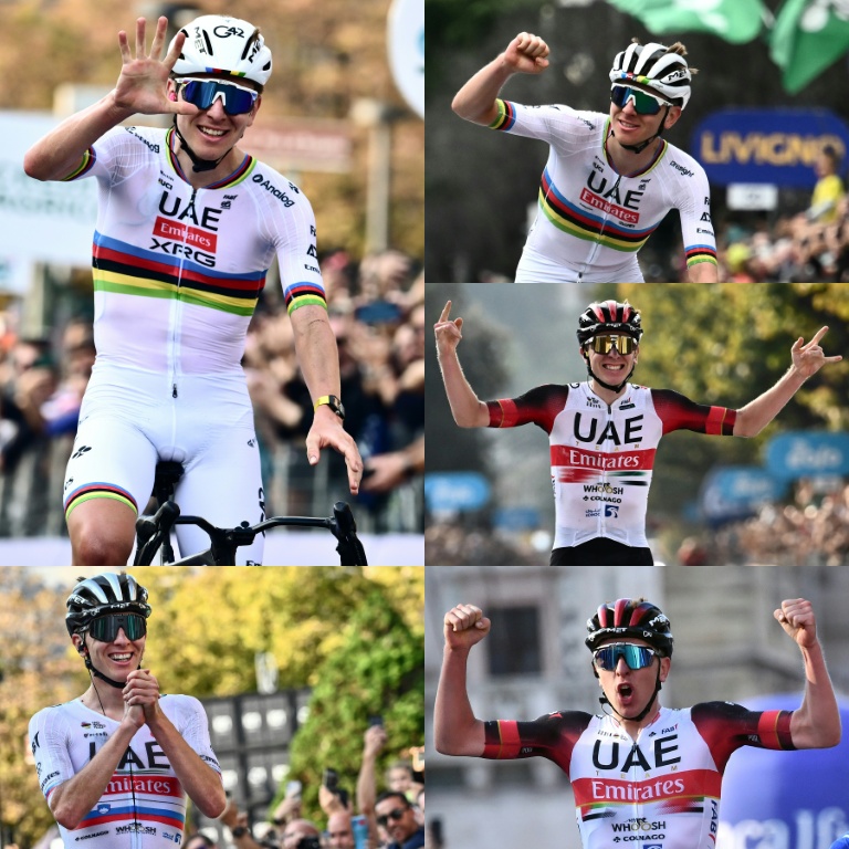Montage des cinq victoires consécutives de Tadej Pogacar dans le Tour de Lombardie, de la dernière, le 11 octobre 2025 (en haut à gauche), en passant par 2024, 2022, 2021 et 2023 (dans le sens des aiguilles d'une montre)