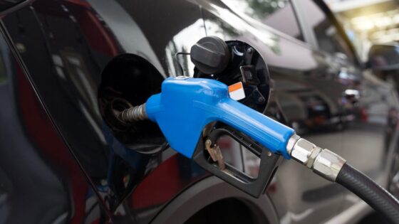 Blue gasoline nozzle refueling black car at gas station close up (de jittawit21)