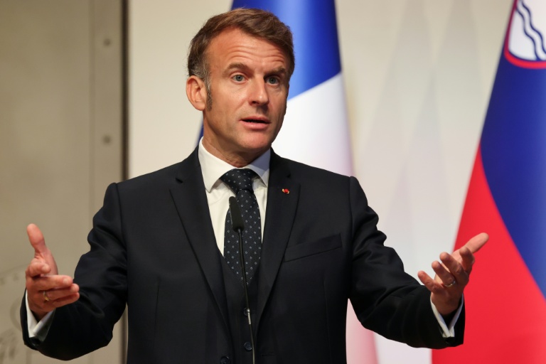 Le président français Emmanuel Macron lors d'une conférence de presse à Ljubljana, le 21 octobre 2025 en Slovénie
