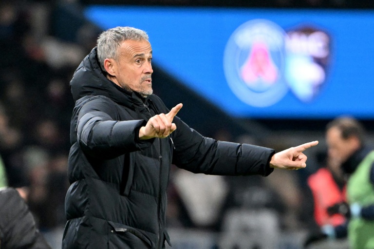 L'entraîneur du PSG Luis Enrique replace ses joueurs lors du match de Lige 1 contre Le Havre au Parc des Princes, le 22 novembre 2025